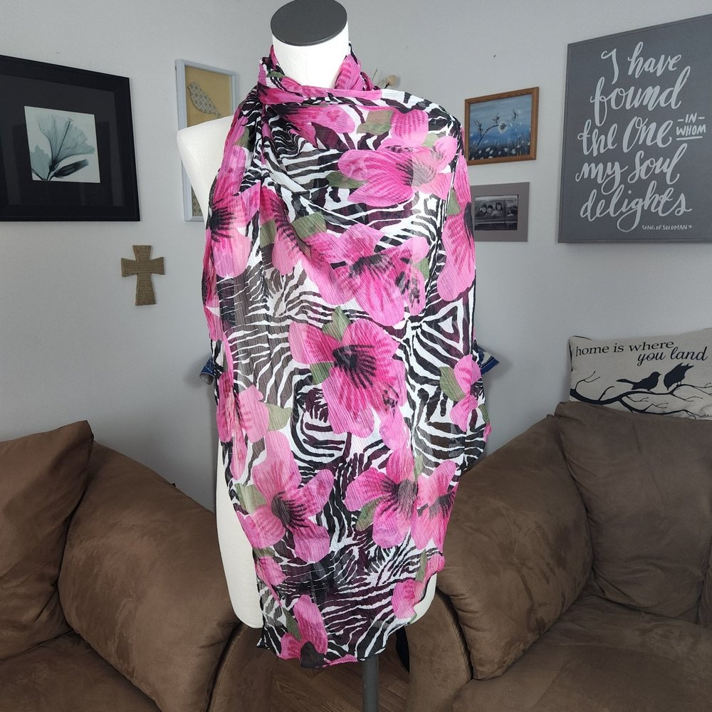 Unknown Gauzy Crinkle Floral Zebra Scarf